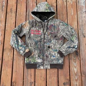 Green and Brown Camouflage Hoodie with Full Zipper and Black Hood Lining